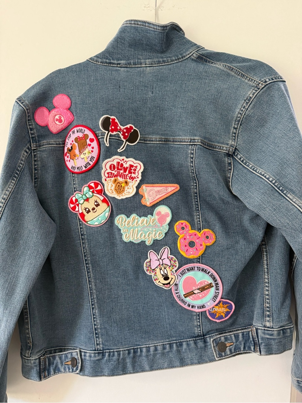Time and Tru Blue Denim Jacket with Colorful Disney-Inspired Patches